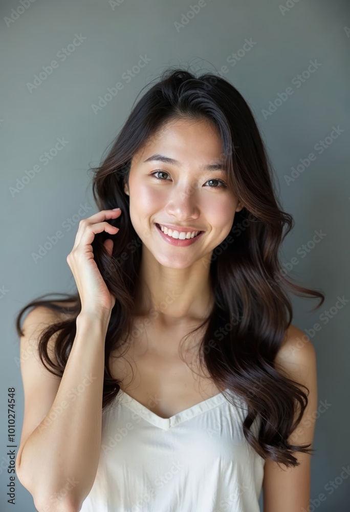 Smiling Young Asian Woman Touching Hair in Relaxed Portrait
Smiling Young Asian Woman Touching Hair in Relaxed Portrait