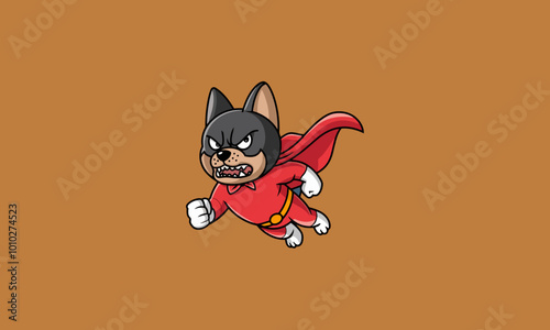 Cartoon superhero dog flying in a red cape, looking determined and angry.