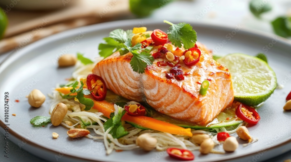 A beautifully plated dish of salmon and papaya salad, with bright, colorful garnishes of chili, lime, and peanuts, creating a fresh, bold look A beautifully plated dish of salmon and papaya salad, with bright, colorful garnishes of chili, lime, and peanuts, creating a fresh, bold look