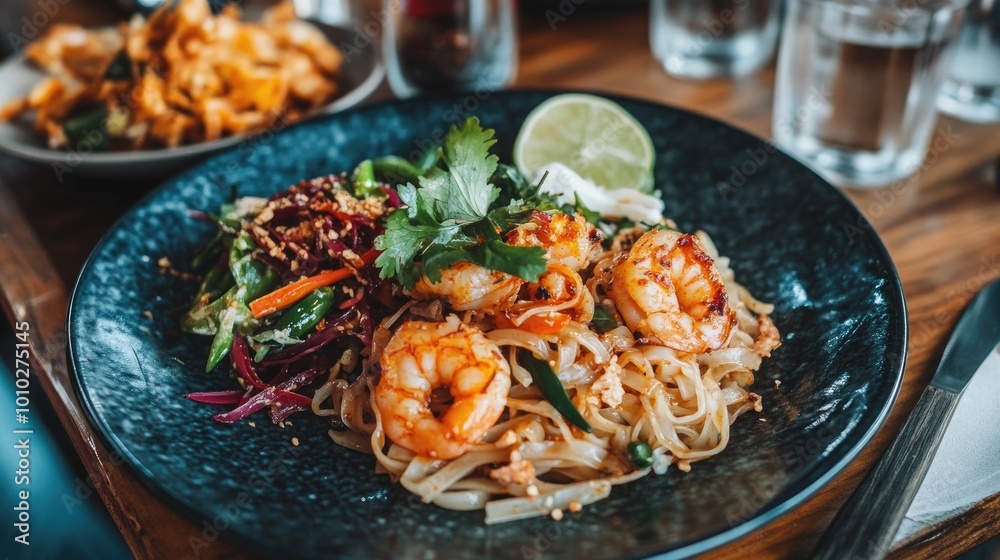 A beautifully plated Thai feast with Pad Thai noodles, shrimp, and a side of Thai papaya salad, garnished with fresh lime and chili flakes. A beautifully plated Thai feast with Pad Thai noodles, shrimp, and a side of Thai papaya salad, garnished with fresh lime and chili flakes.