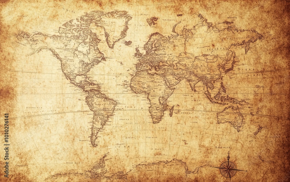 Obraz premium A vintage world map illustration with detailed geographical features and a compass rose, evoking exploration and history.