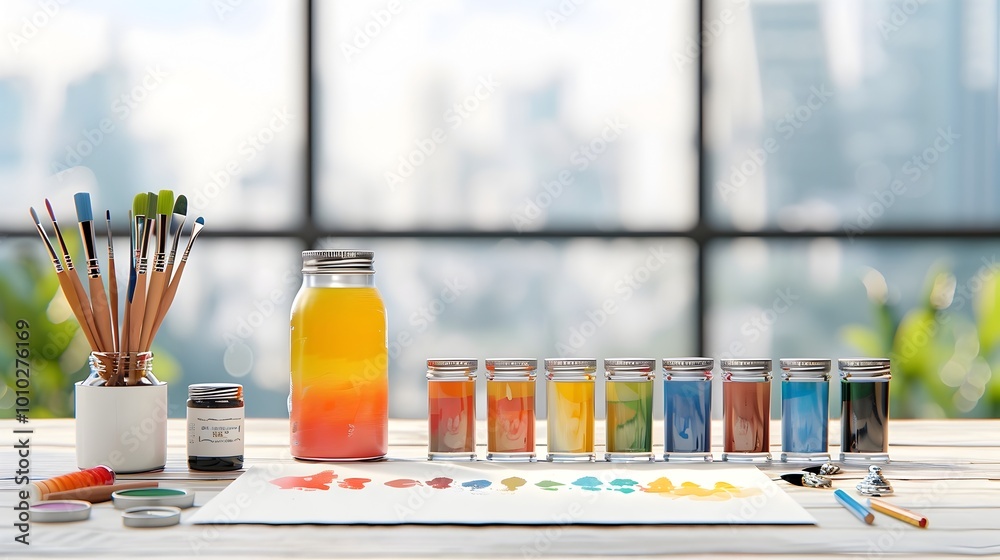 Vibrant Art Supplies on Wooden Table Ready for Creative Work Vibrant Art Supplies on Wooden Table Ready for Creative Work
