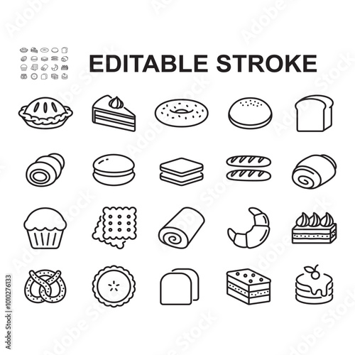 Bread and cake icon set. Contains icons such as pie, donut and others.