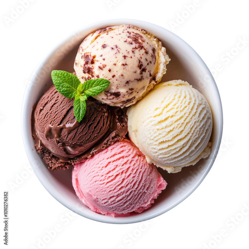 Delight in bowl of ice cream featuring variety of flavors including chocolate, strawberry, vanilla, and mint chocolate chip, perfect for any dessert lover