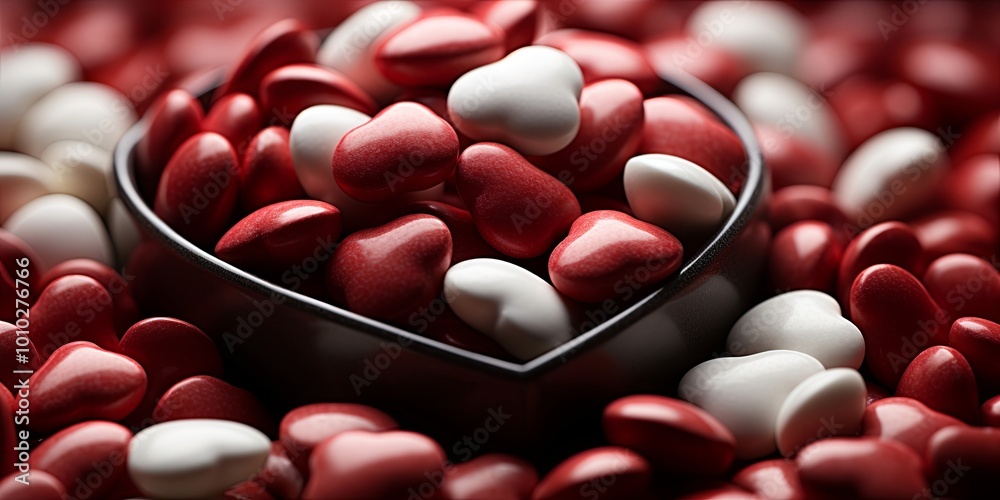 A heart-shaped vessel filled with red and white candy hearts, nestled amidst a scattering of similar sweet treats. A heart-shaped vessel filled with red and white candy hearts, nestled amidst a scattering of similar sweet treats.
