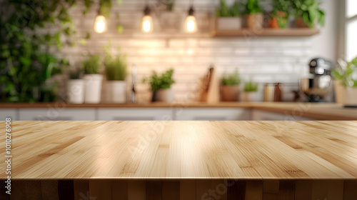 Light bamboo wood table top, counter with warm kitchen bokeh lights softly blurred in the background, eco-friendly surface for product display