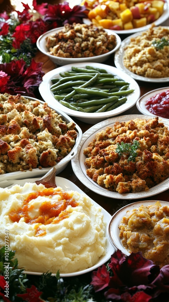 A festive display of traditional thanksgiving dishes on a decorated table A festive display of traditional thanksgiving dishes on a decorated table