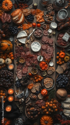 An autumn feast with charcuterie, cheese, and seasonal fruits and nuts photo