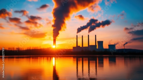 Smoke rising from industrial chimneys at sunset over still water.