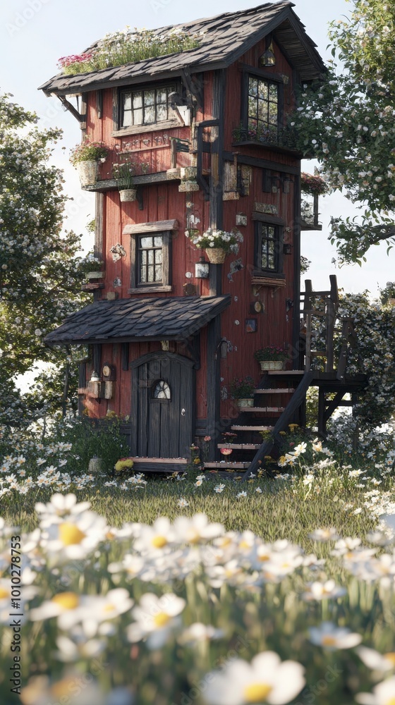 Charming rustic tower surrounded by daisies and lush greenery