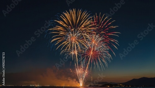 Group of fireworks bursting in red, white, and orange hues at night