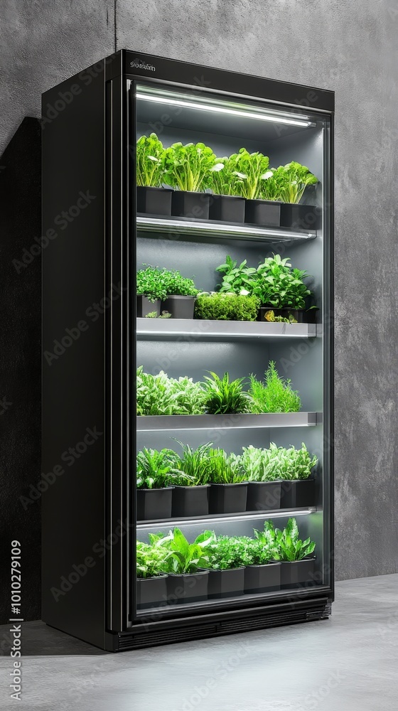 Indoor vertical garden with herbs and leafy greens on shelves Indoor vertical garden with herbs and leafy greens on shelves