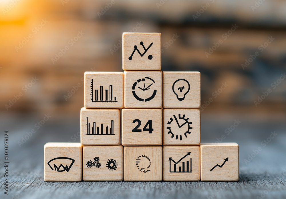 Photo of a Pyramid Stack of Wooden Blocks with Business and Growth Icons on a Table Photo of a Pyramid Stack of Wooden Blocks with Business and Growth Icons on a Table
