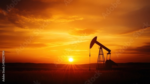 Oil pump jack silhouette against a stunning sunset sky.
