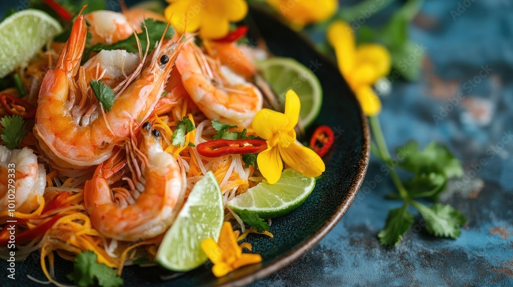 A close-up of a traditional Thai papaya salad with shrimp, garnished with lime and chili, with bright yellow Cassia flowers arranged delicately around the plate