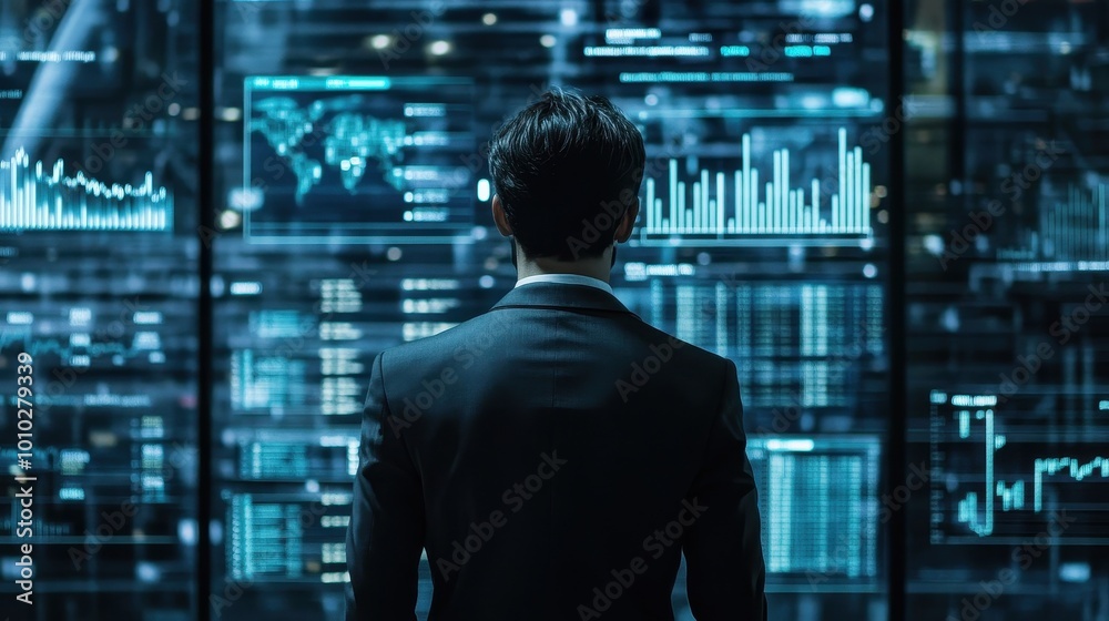 Businessman Analyzing Financial Data in High-Tech Office Businessman Analyzing Financial Data in High-Tech Office