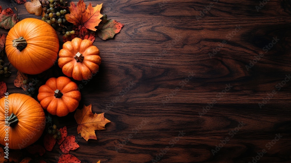 Autumn pumpkins and fall leaves on dark brown wooden surface background top-down shot, copy space on the right, ideal for use in Thanksgiving-themed invitation designs, or seasonal advertisements Autumn pumpkins and fall leaves on dark brown wooden surface background top-down shot, copy space on the right, ideal for use in Thanksgiving-themed invitation designs, or seasonal advertisements