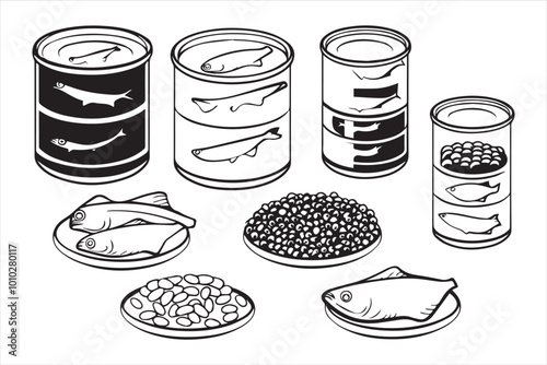 A set of canned fish caviar squid and seaweed Delicious seafood In black ink
