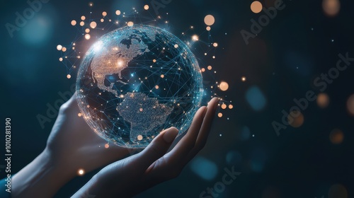 A glowing globe held in hands, symbolizing global connectivity, technology, and the importance of nurturing our planet.