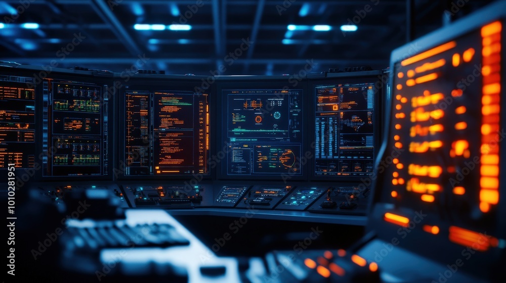High-tech control room with glowing screens and complex interfaces. High-tech control room with glowing screens and complex interfaces.