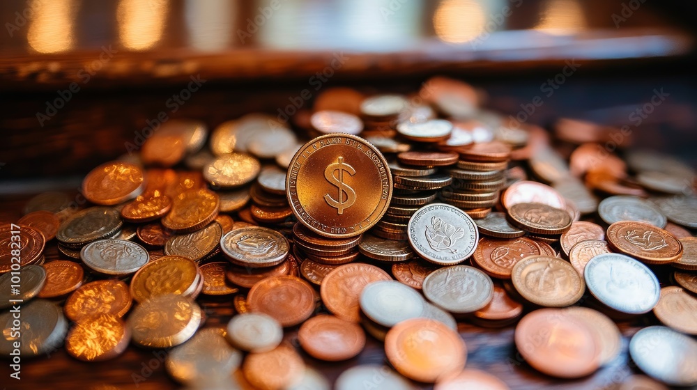 Dollar Coin on Pile of Coins Representing Declining Financial Returns Dollar Coin on Pile of Coins Representing Declining Financial Returns