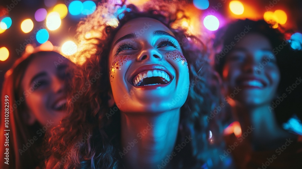 Obraz premium Three young women are laughing and looking up at something out of frame, with a colourful background of lights.