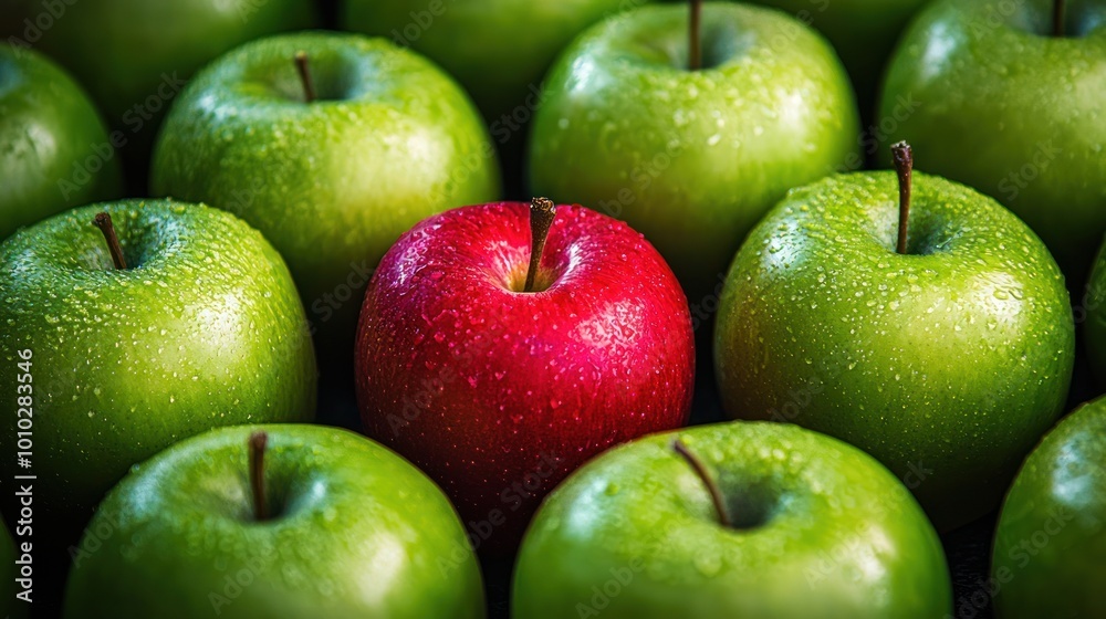 A group of similar items with one clearly different or unusual object standing out, like a bright red apple among green ones. A group of similar items with one clearly different or unusual object standing out, like a bright red apple among green ones.