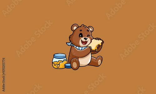 Cute bear eating a honey sandwich happily.