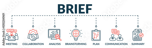 Banner of brief web vector illustration concept with icons of meeting, collaboration, analysis, brainstorming, plan, communication, summary