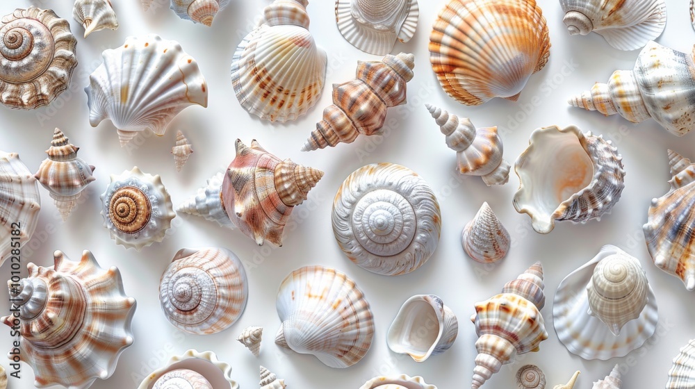 Create an elegant t-shirt design featuring a collection of sea shells spread out on a clean, white background Create an elegant t-shirt design featuring a collection of sea shells spread out on a clean, white background