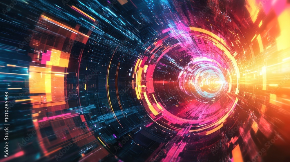 Artistic representation of futuristic technology with abstract shapes and bright colors. Artistic representation of futuristic technology with abstract shapes and bright colors.