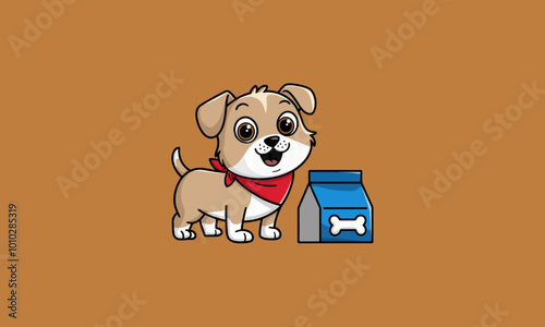 Happy puppy with a red bandana next to a box of treats.