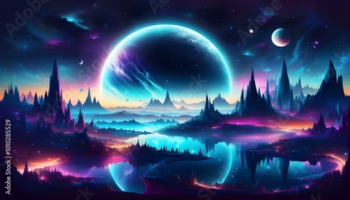 Futuristic Fantasy Nightscape Featuring Abstract Islands Beneath a Starry Sky Filled with Vibrant Galaxies