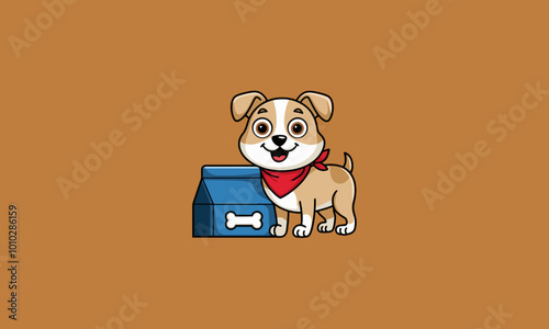 Happy puppy with a red bandana next to a box of treats.