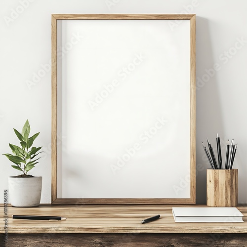 Blank Picture Frame Mockup on Wooden Table with Plant and Stationary
