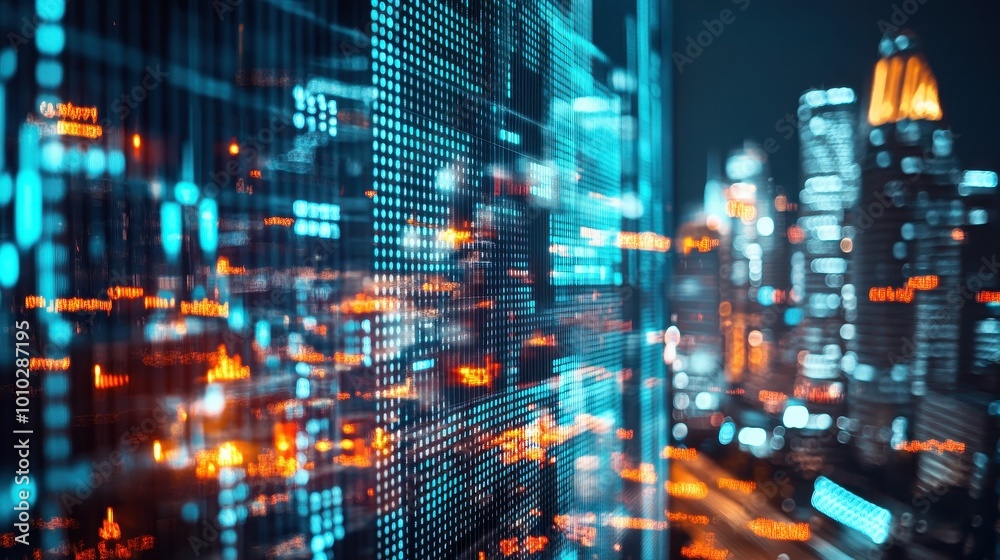 Futuristic City Skyline at Night with Glowing Lights and Digital Grid Futuristic City Skyline at Night with Glowing Lights and Digital Grid