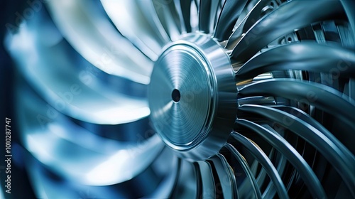 Close-up of a Shiny Metallic Turbine with Curved Blades