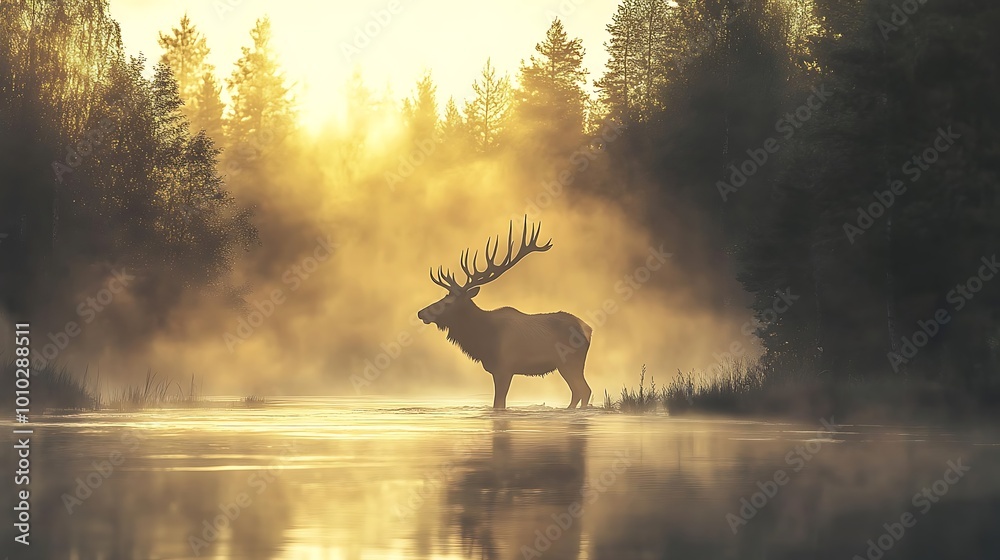 A majestic elk stands silhouetted in the mist at dawn, a tranquil and serene scene in nature.