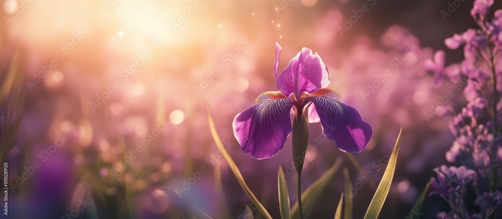 A purple iris flower blooms in the foreground, surrounded by green leaves and grasses, with sunlight filtering through them creating light effects. A purple iris flower blooms in the foreground, surrounded by green leaves and grasses, with sunlight filtering through them creating light effects.