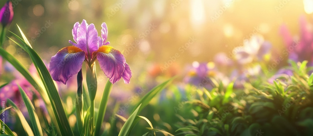 A purple iris flower blooms in the foreground, with green leaves and grasses behind it. The background is blurred and filled with other flowers of various colors. A purple iris flower blooms in the foreground, with green leaves and grasses behind it. The background is blurred and filled with other flowers of various colors.