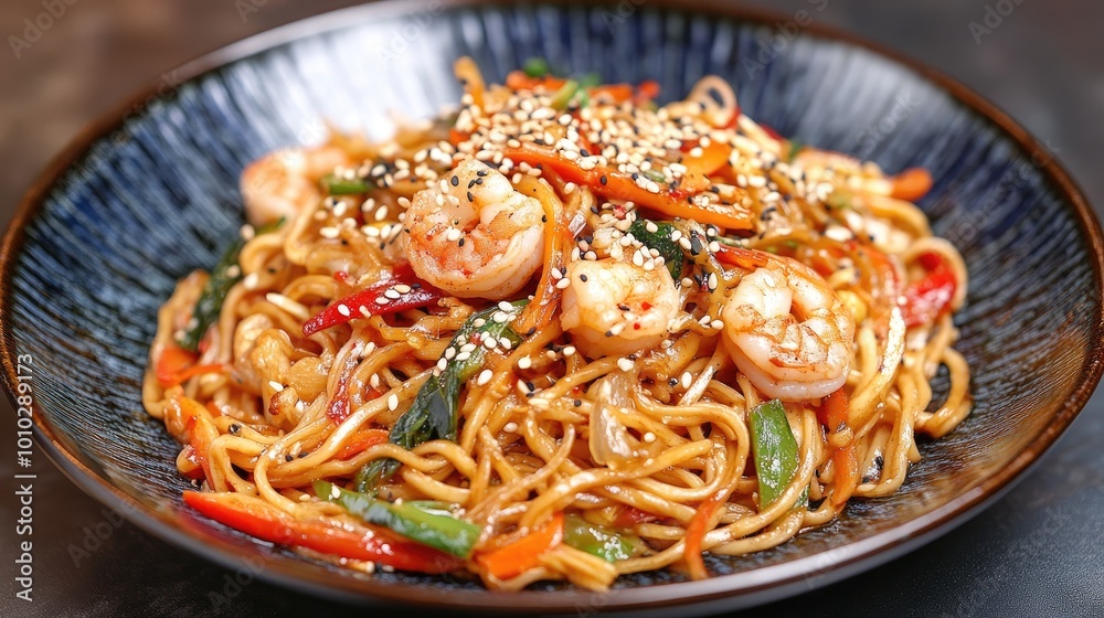 A high-angle shot of a vibrant plate of stir-fried noodles with vegetables, shrimp, and a sprinkle of sesame seeds on top. A high-angle shot of a vibrant plate of stir-fried noodles with vegetables, shrimp, and a sprinkle of sesame seeds on top.