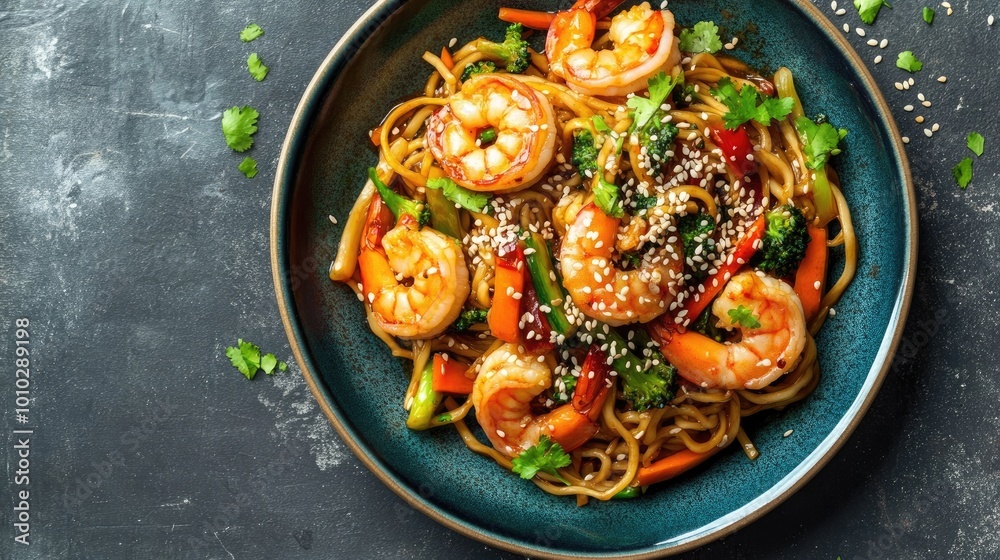 A high-angle shot of a vibrant plate of stir-fried noodles with vegetables, shrimp, and a sprinkle of sesame seeds on top. A high-angle shot of a vibrant plate of stir-fried noodles with vegetables, shrimp, and a sprinkle of sesame seeds on top.