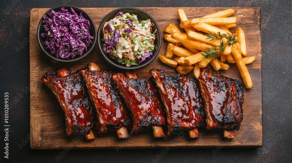 A high-angle shot of grilled pork ribs basted with a tangy barbecue sauce, served alongside coleslaw and fries on a rustic wooden board. A high-angle shot of grilled pork ribs basted with a tangy barbecue sauce, served alongside coleslaw and fries on a rustic wooden board.