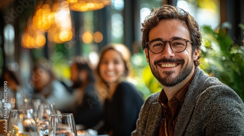 A cheerful man smiles at a dining table  surrounded by friends in a lively restaurant setting.