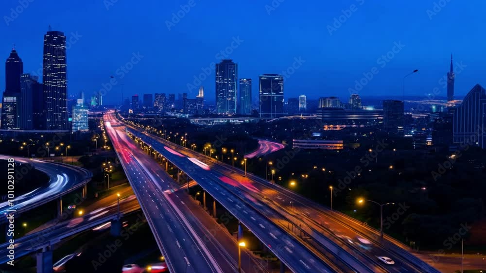 Timelapse with day changing to night. A nighttime cityscape with car lights creating light trails along a busy highway. Timelapse with day changing to night. A nighttime cityscape with car lights creating light trails along a busy highway.