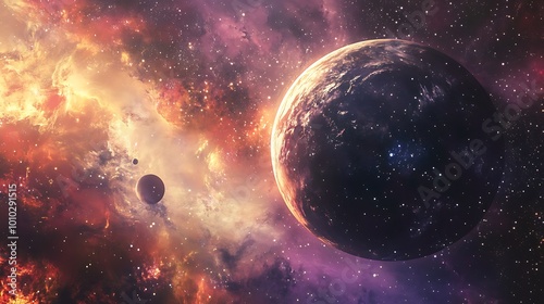 Artistic Space Illustration with a Planet and Nebula