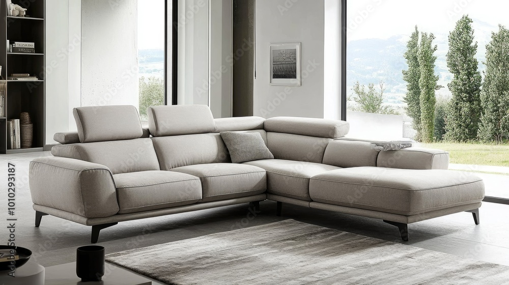 Minimalist living room with sectional sofa and area rug Minimalist living room with sectional sofa and area rug