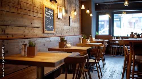 Empty cafe interior with wooden tables, chairs, and walls. Cozy and inviting atmosphere for a relaxing meal or coffee break.