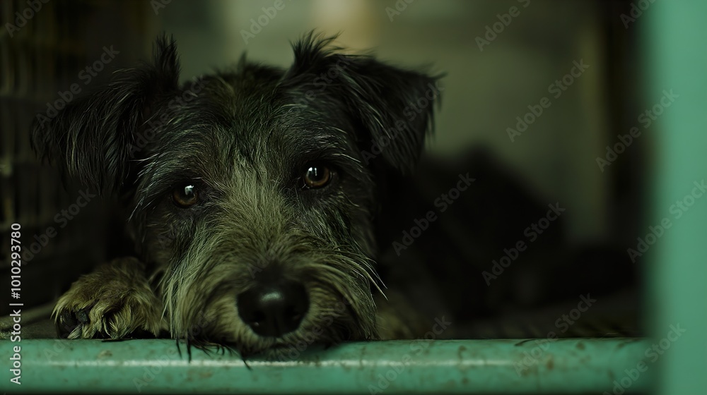 Close-Up Portrait of a Sad Dog in a Shelter Close-Up Portrait of a Sad Dog in a Shelter