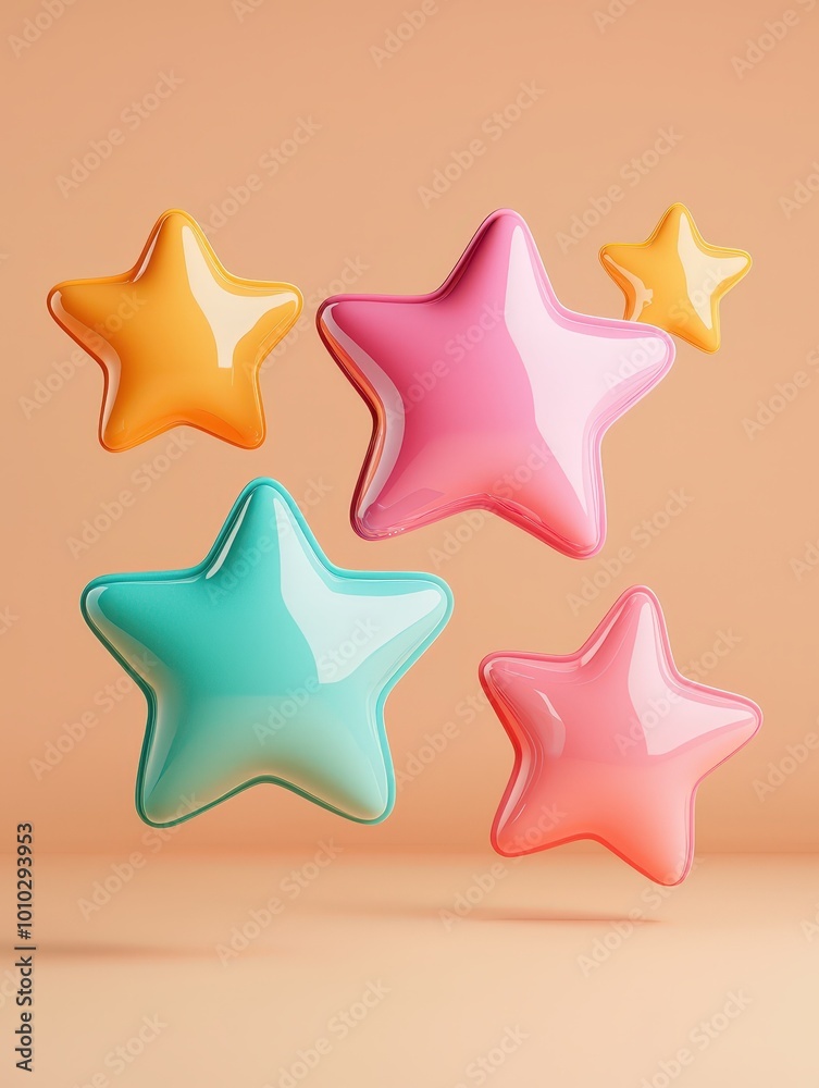Five glowing stars floating near a comment bubble, 3D render, normal angle shot, encouraging positivity. Five glowing stars floating near a comment bubble, 3D render, normal angle shot, encouraging positivity.